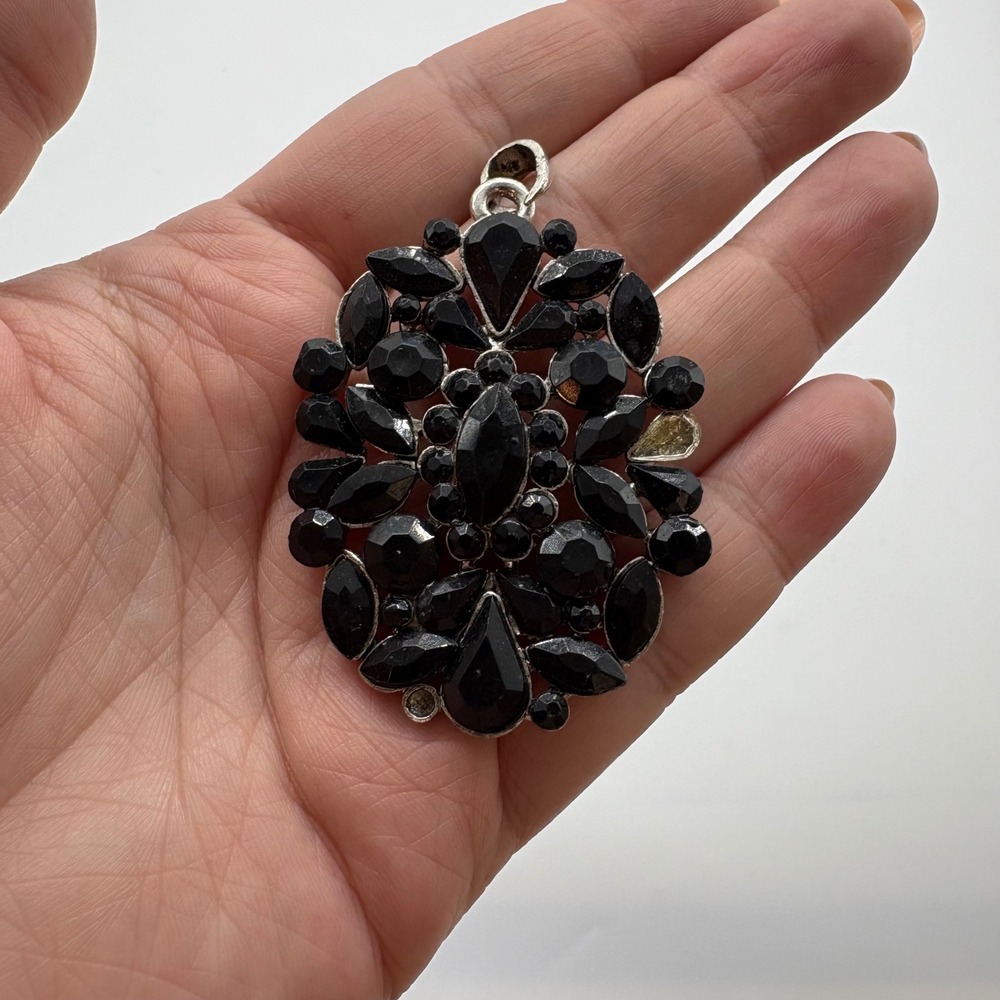 Vintage Black Marquis Onyx Tone Silver Pendant Statement‎ Gothic Oval J34